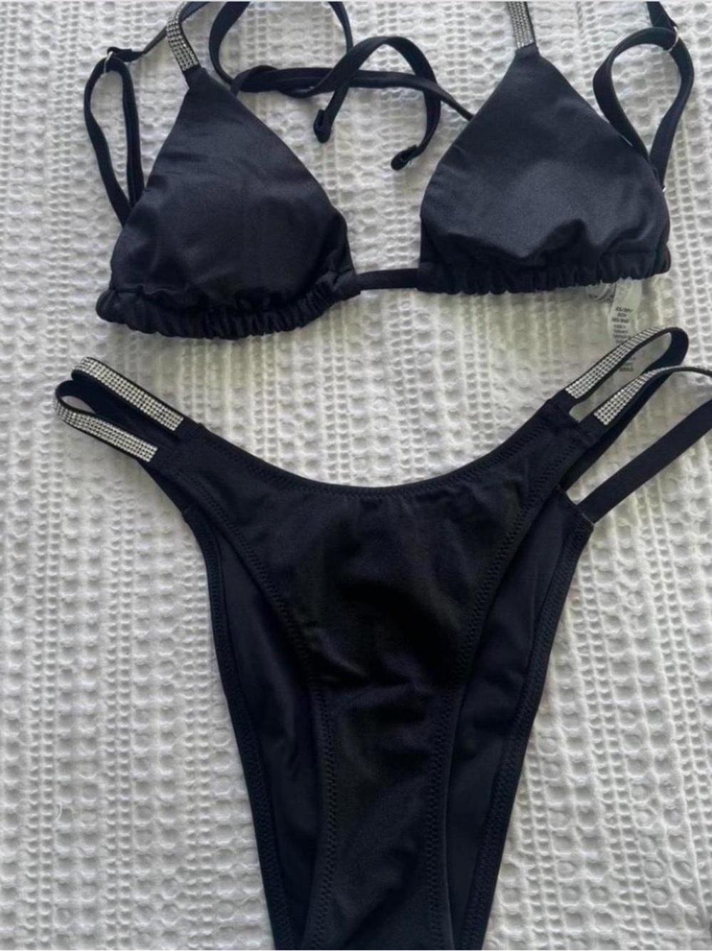 Black Rhinestone-Strap Triangle Bikini Top and High-Leg Bottom